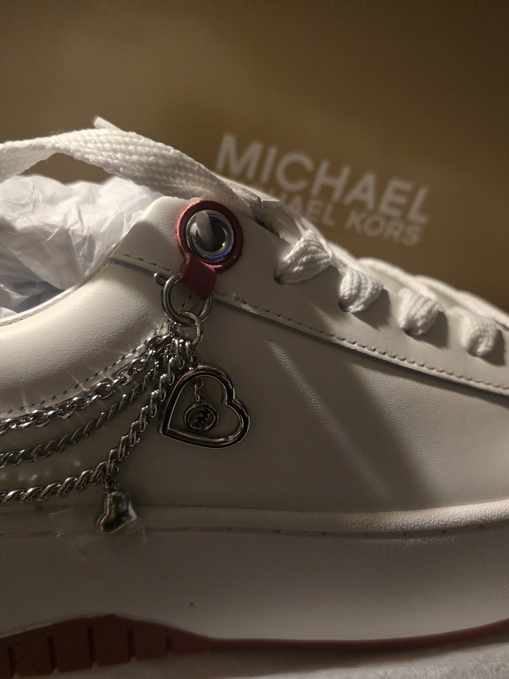 Michael Kors White Leather Sneaker with Pink Accent and Silver Heart Charms